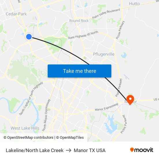 Lakeline/North Lake Creek to Manor TX USA map
