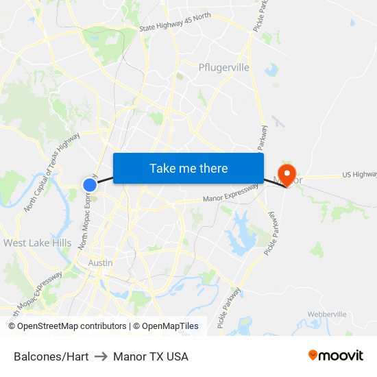 Balcones/Hart to Manor TX USA map