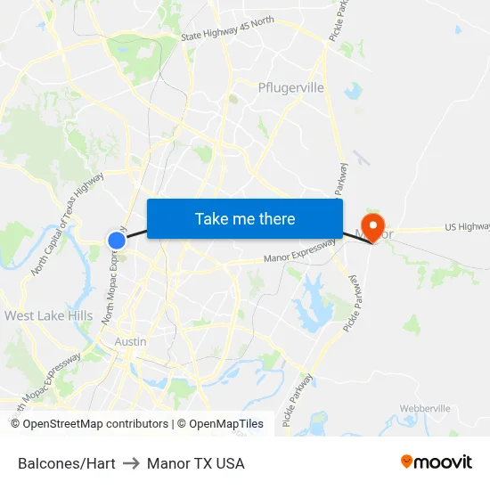 Balcones/Hart to Manor TX USA map