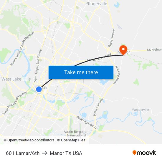 601 Lamar/6th to Manor TX USA map