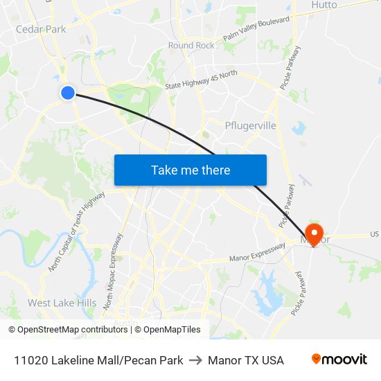 11020 Lakeline Mall/Pecan Park to Manor TX USA map