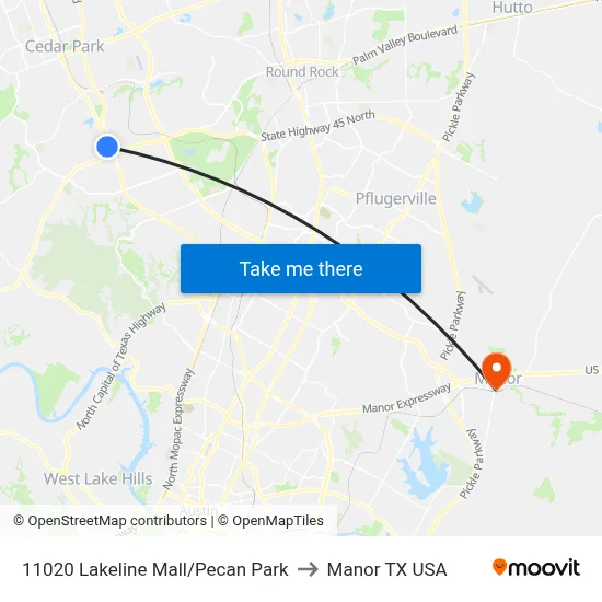 11020 Lakeline Mall/Pecan Park to Manor TX USA map