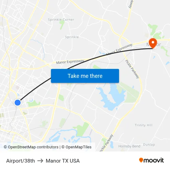 Airport/38th to Manor TX USA map