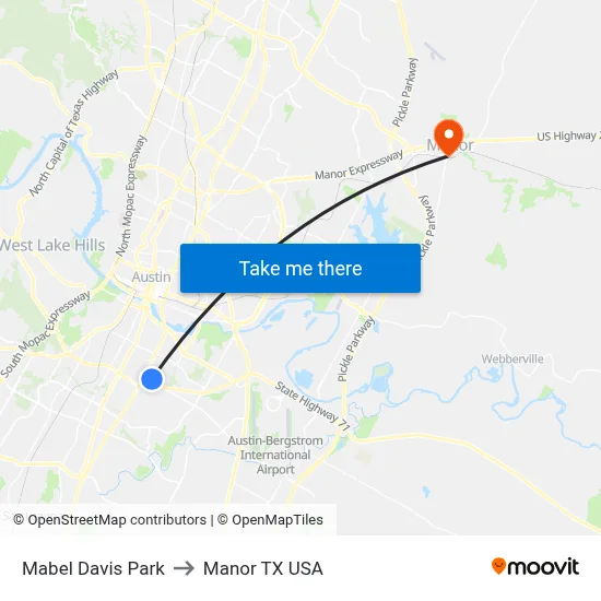Mabel Davis Park to Manor TX USA map