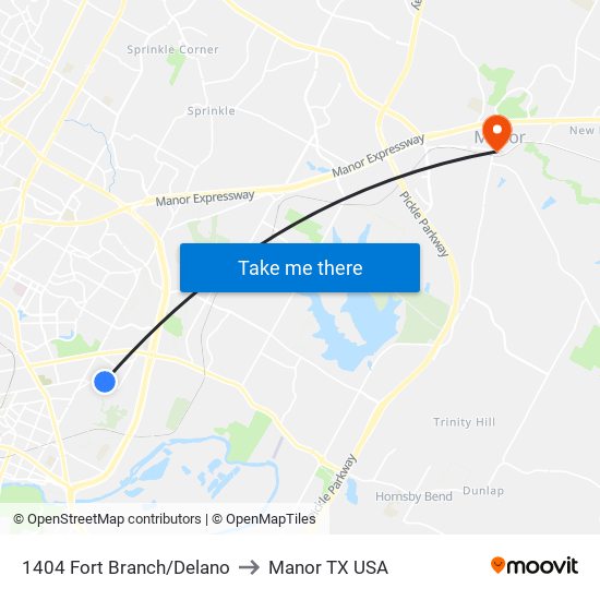 1404 Fort Branch/Delano to Manor TX USA map