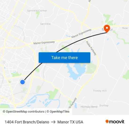 1404 Fort Branch/Delano to Manor TX USA map