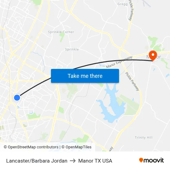 Lancaster/Barbara Jordan to Manor TX USA map