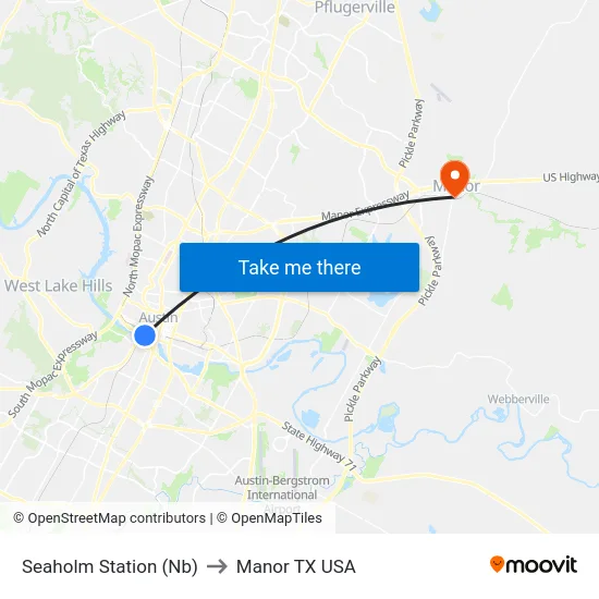 Seaholm Station (Nb) to Manor TX USA map