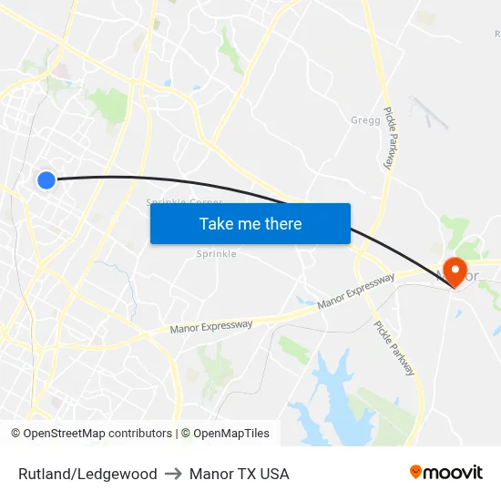 Rutland/Ledgewood to Manor TX USA map