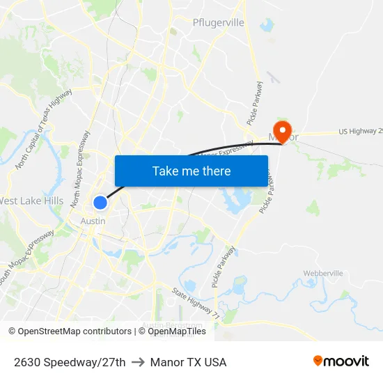 2630 Speedway/27th to Manor TX USA map