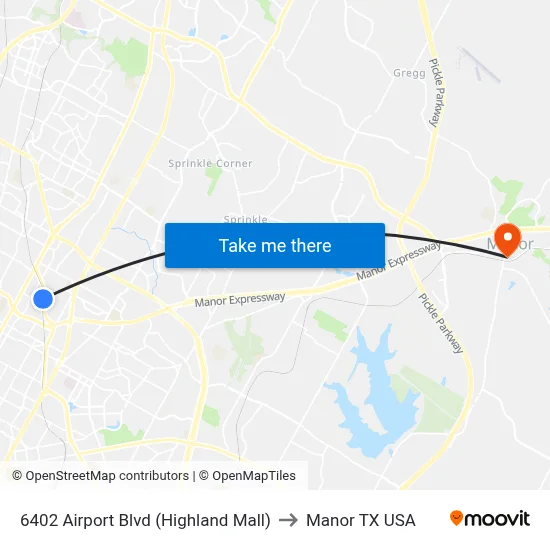 6402 Airport Blvd (Highland Mall) to Manor TX USA map