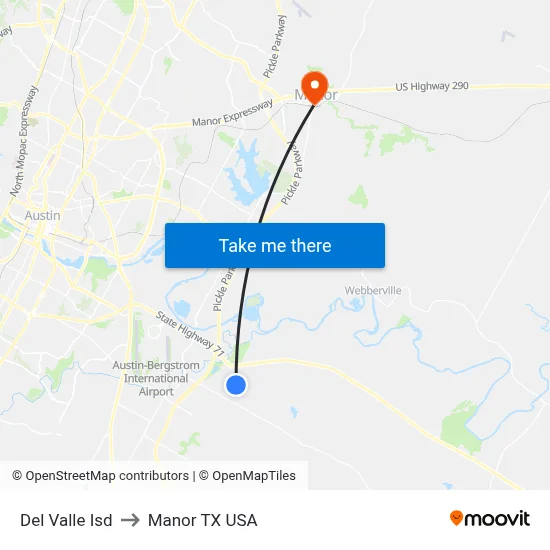 Del Valle Isd to Manor TX USA map