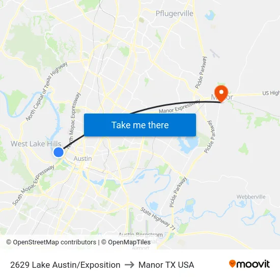2629 Lake Austin/Exposition to Manor TX USA map