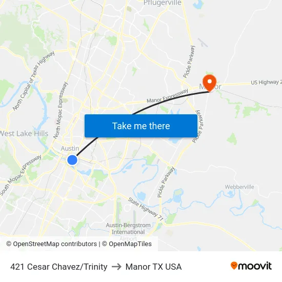 421 Cesar Chavez/Trinity to Manor TX USA map