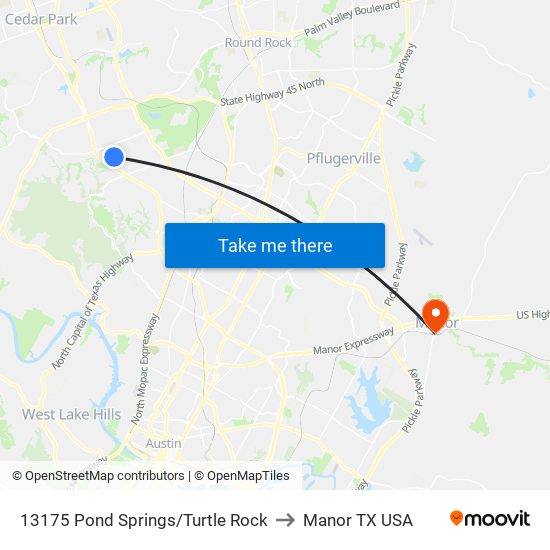 13175 Pond Springs/Turtle Rock to Manor TX USA map