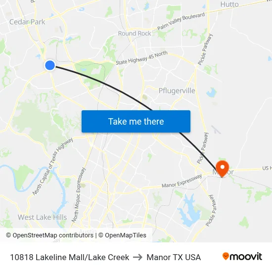 10818 Lakeline Mall/Lake Creek to Manor TX USA map