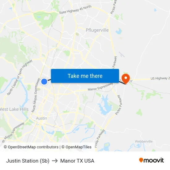 Justin Station (Sb) to Manor TX USA map