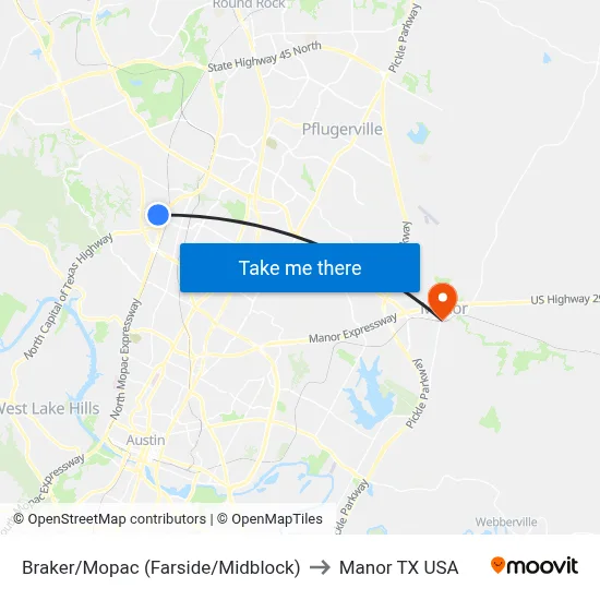 Braker/Mopac (Farside/Midblock) to Manor TX USA map