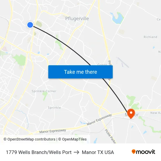 1779 Wells Branch/Wells Port to Manor TX USA map