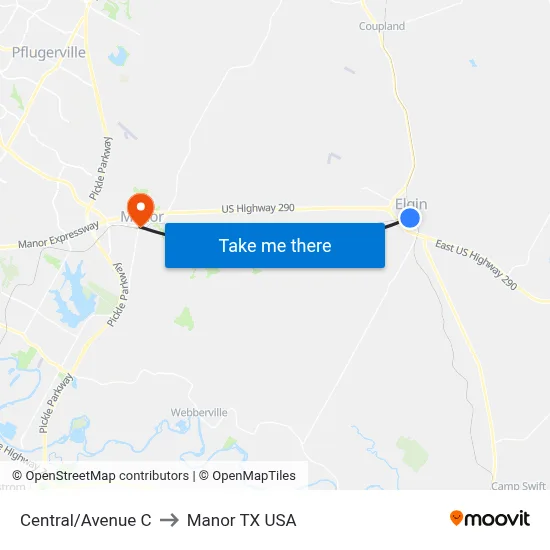 Central/Avenue C to Manor TX USA map