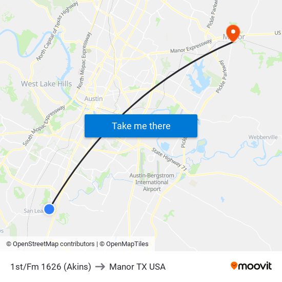 1st/Fm 1626 (Akins) to Manor TX USA map