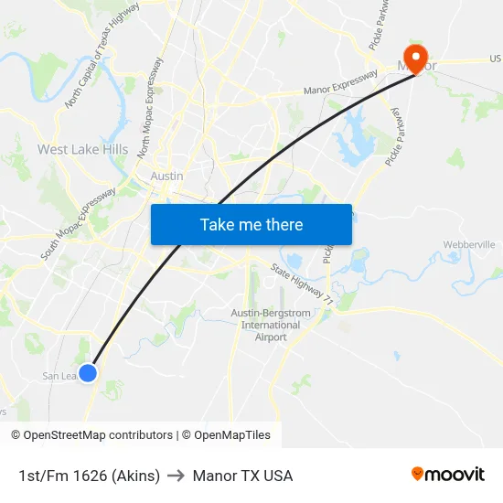 1st/Fm 1626 (Akins) to Manor TX USA map