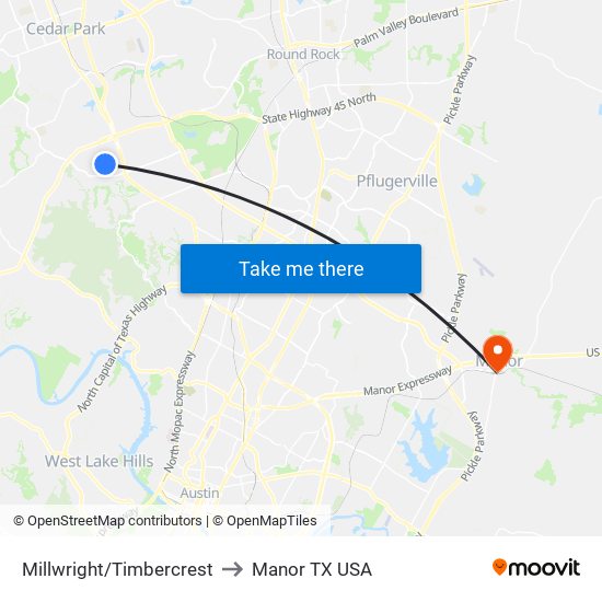 Millwright/Timbercrest to Manor TX USA map