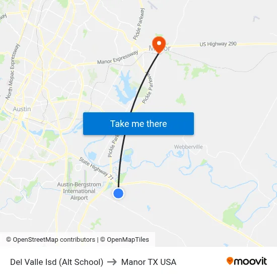 Del Valle Isd (Alt School) to Manor TX USA map
