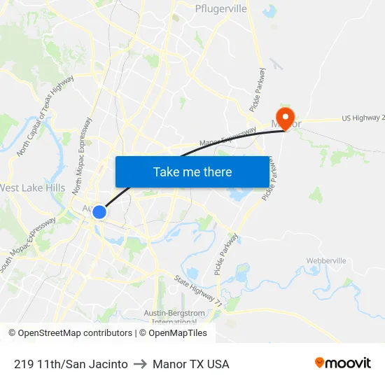 219 11th/San Jacinto to Manor TX USA map