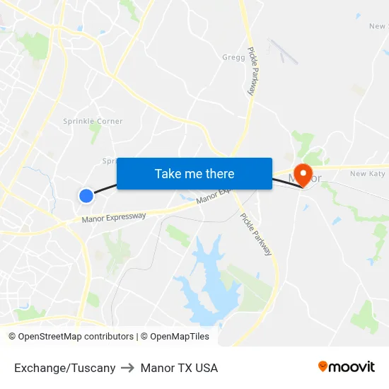Exchange/Tuscany to Manor TX USA map