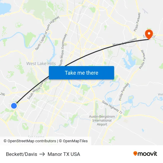 Beckett/Davis to Manor TX USA map