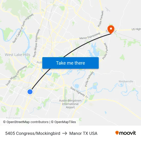 5405 Congress/Mockingbird to Manor TX USA map