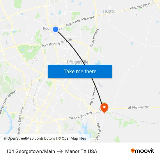 104 Georgetown/Main to Manor TX USA map