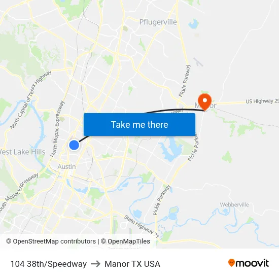 104 38th/Speedway to Manor TX USA map