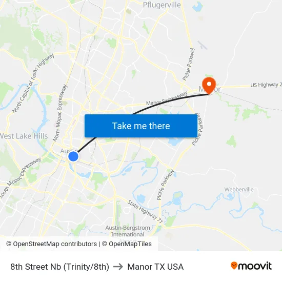 8th Street Nb (Trinity/8th) to Manor TX USA map