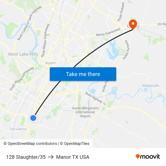 128 Slaughter/35 to Manor TX USA map