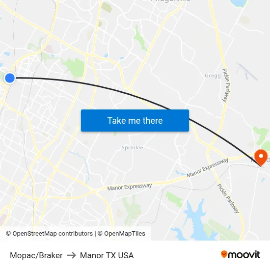 Mopac/Braker to Manor TX USA map