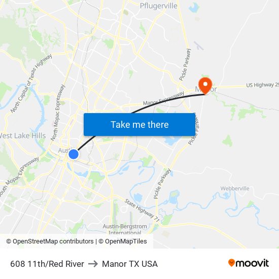 608 11th/Red River to Manor TX USA map
