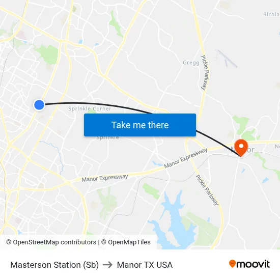 Masterson Station (Sb) to Manor TX USA map