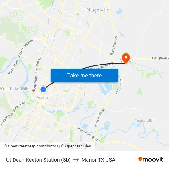 Ut Dean Keeton Station (Sb) to Manor TX USA map