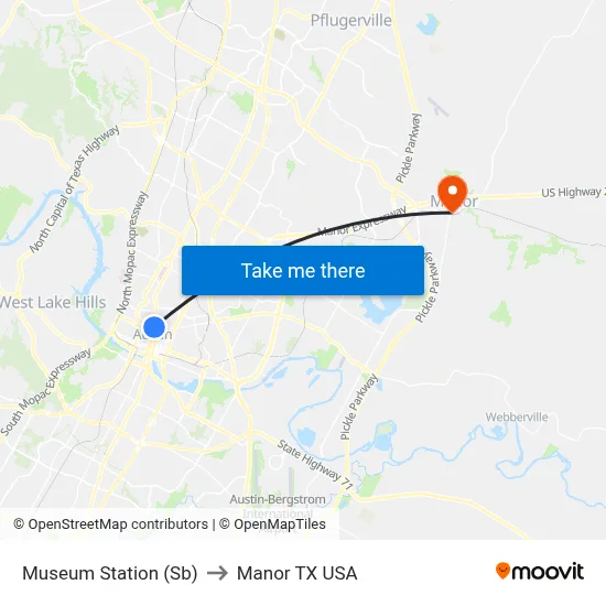 Museum Station (Sb) to Manor TX USA map