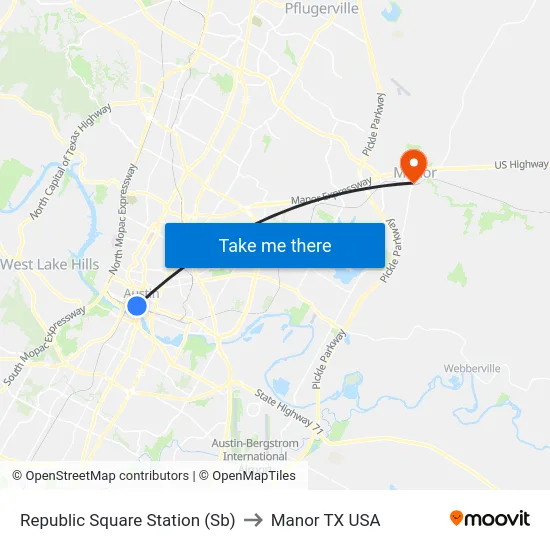 Republic Square Station (Sb) to Manor TX USA map