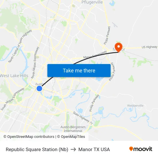 Republic Square Station (Nb) to Manor TX USA map