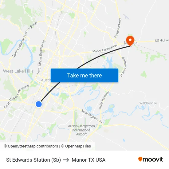 St Edwards Station (Sb) to Manor TX USA map