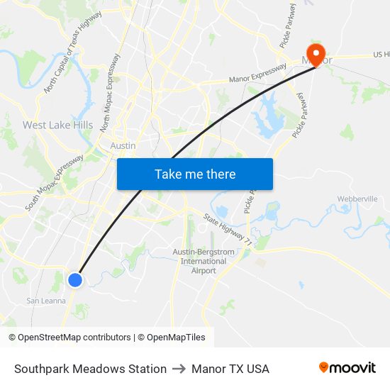 Southpark Meadows Station to Manor TX USA map