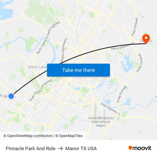 Pinnacle Park And Ride to Manor TX USA map