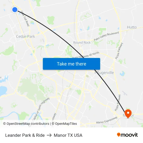 Leander Park & Ride to Manor TX USA map