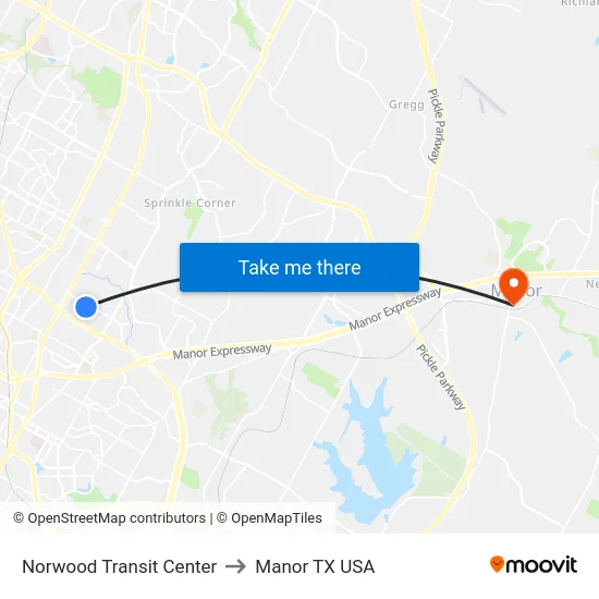 Norwood Transit Center to Manor TX USA map