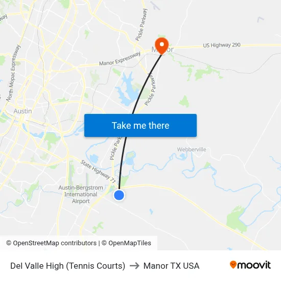 Del Valle High (Tennis Courts) to Manor TX USA map