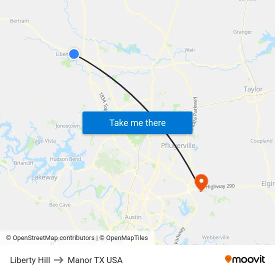Liberty Hill to Manor TX USA map